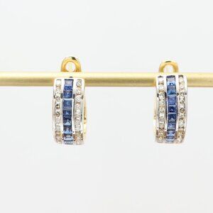 14k Gold Huggie Earrings with Natural Blue Sapphire and Diamonds